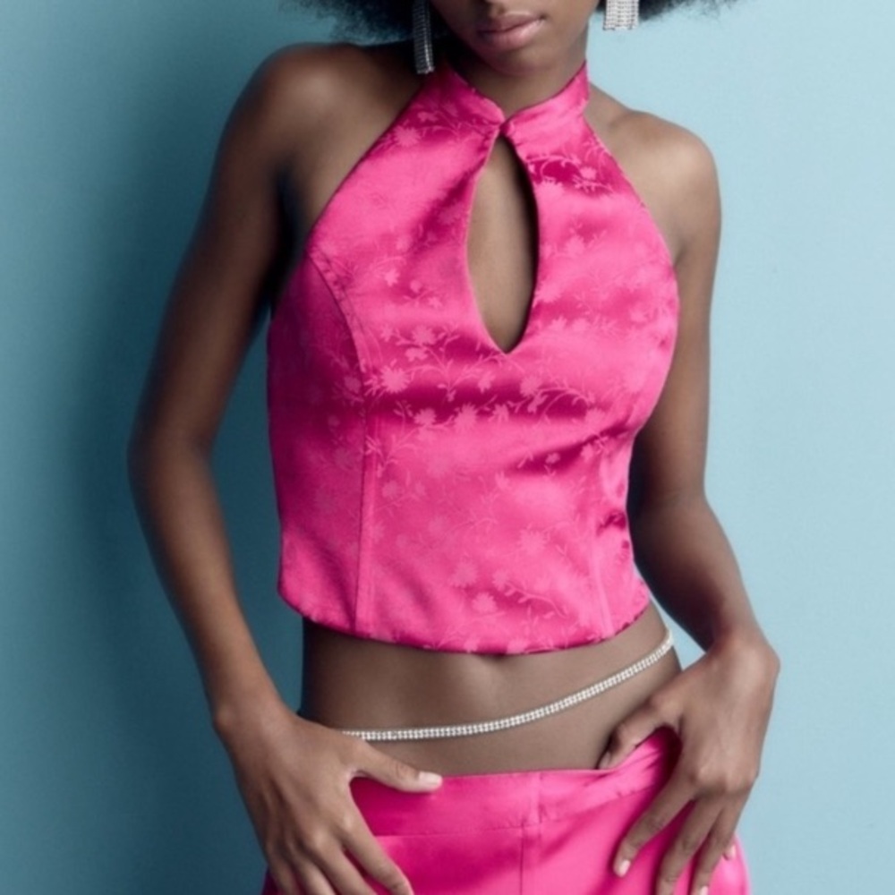Zara Floral Jacquard Pink Satin Halter Cropped Corset High Neck Top